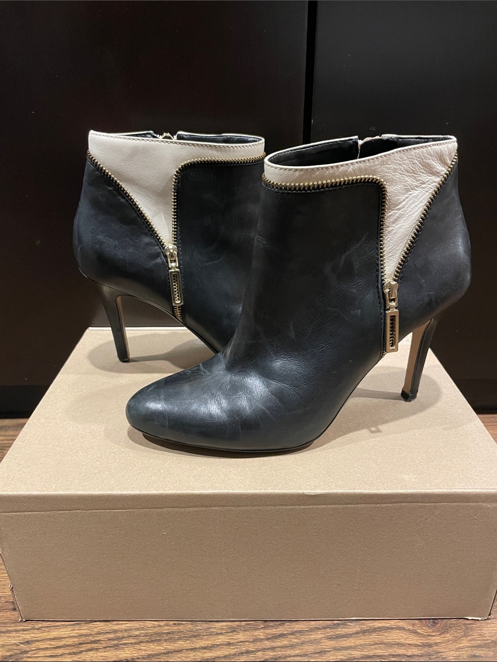 Banana Republic Black and Cream Leather Ankle Booties with Gold Zip Trim